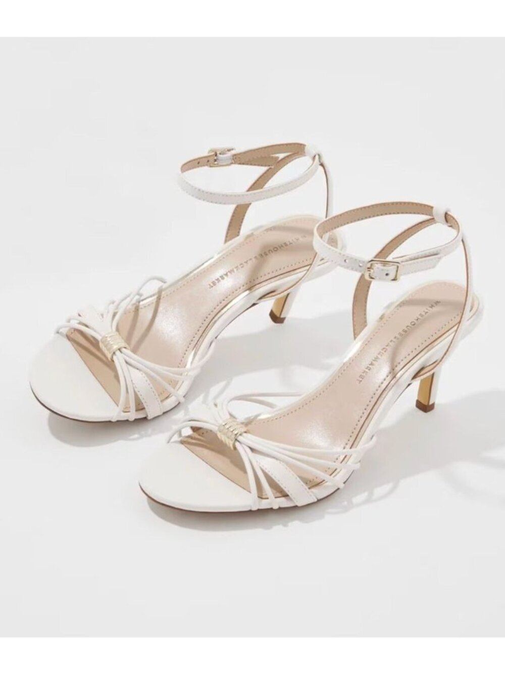 White House Black Market Gold Detail Strappy White Leather Sandal Size 8.5